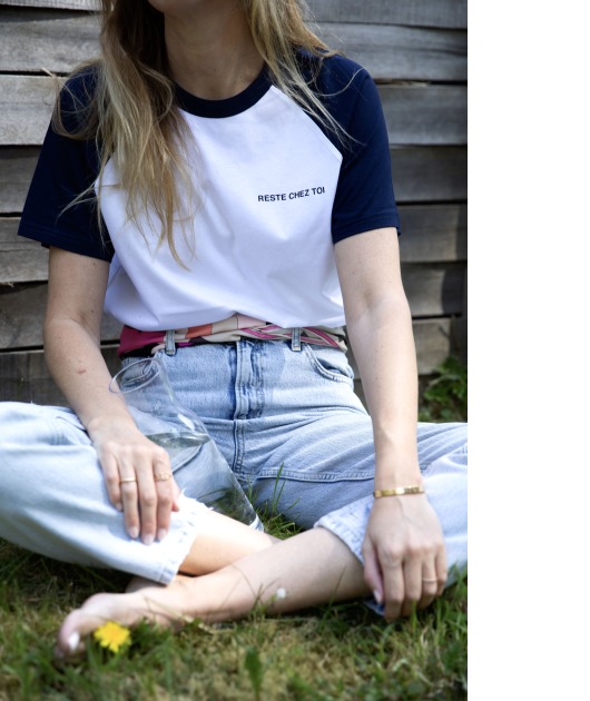 Tshirt unisexe bleu - 100% coton biologique- RESTE CHEZ TOI